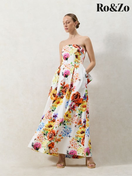 Ro&Zo White Petite Annie Garden Floral Printed Bow Detail Dress (W74521) | €305