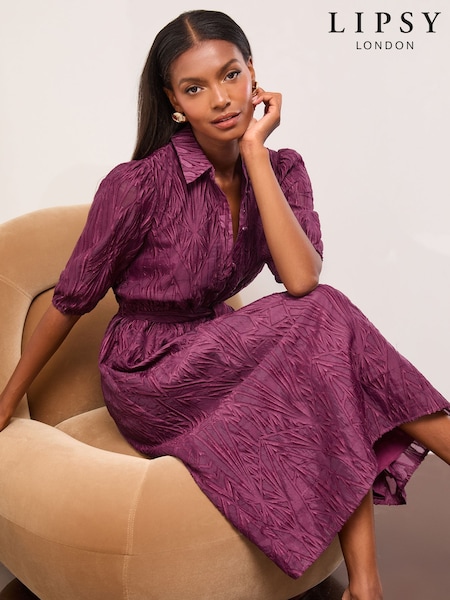 Lipsy Berry Red Textured 3/4 Sleeve Button Through Midi Shirt Dress (W74536) | €84