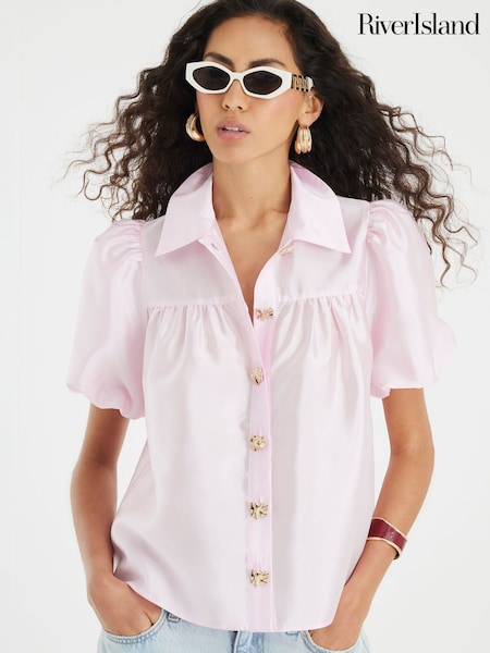 River Island Pink Button Detail Short Sleeve Shirt (W74600) | €61