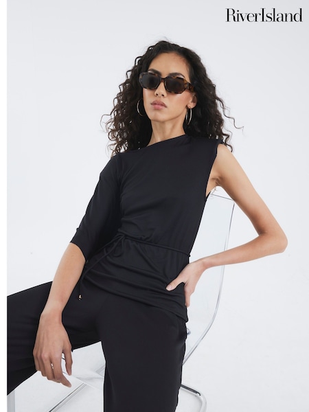 River Island Black Cape Rib Belted Top (W74601) | R$ 315