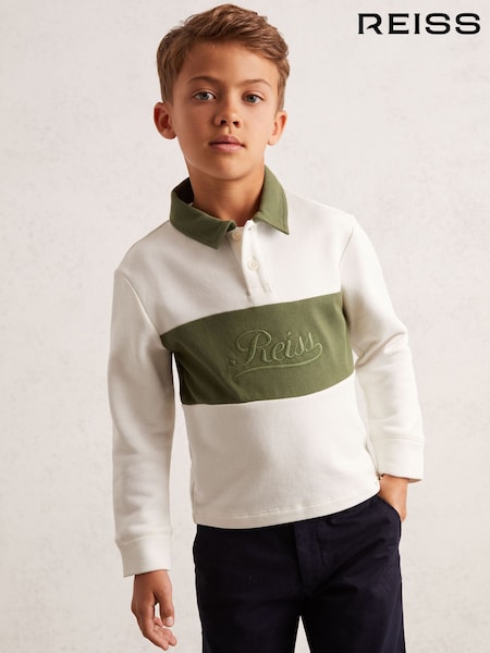 Reiss Forset Green/White Bryce Cotton Logo-Embroidery Rugby Polo Shirt (W74932) | €59
