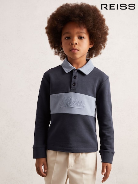 Reiss Airforce Blue/Navy Blue Bryce Cotton Logo-Embroidery Rugby Polo Shirt (W74936) | €59
