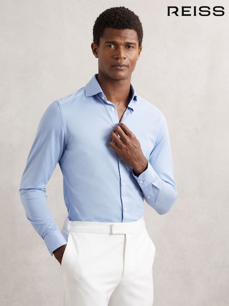 Reiss Soft Blue Nate Cotton-Blend Jersey Cutaway-Collar Shirt (W74939) | AED706