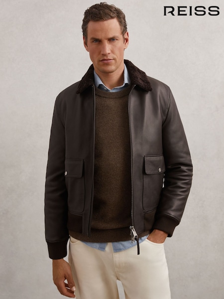 Reiss Brown Shaker Leather Shearling-Collar Bomber Jacket (W75063) | €1,672