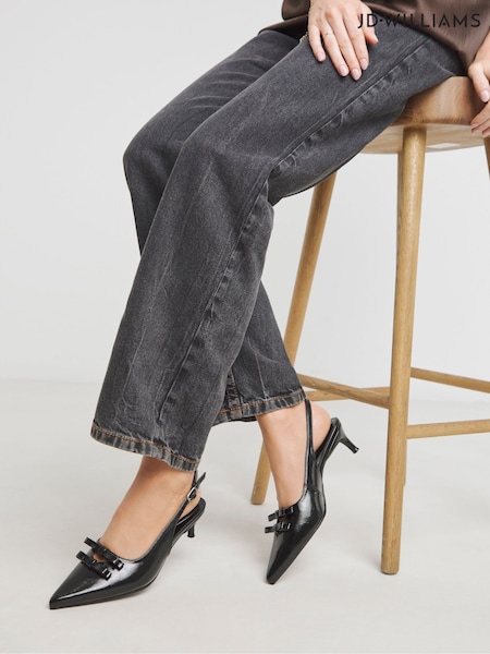 JD Williams Black Wide Fit Heavenly Soles Pointed Toe Kitten Heel Slingback Shoes with Bow (W75677) | €48
