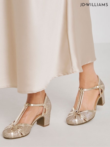 JD Williams Gold Extra Wide Fit Block Heel T-Bar Shoes (W75686) | €48