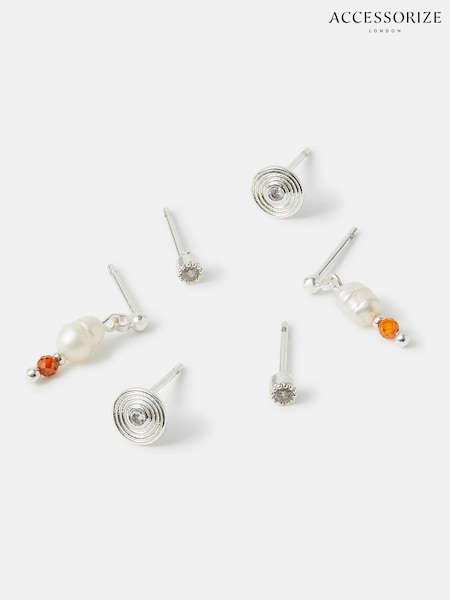 Accessorize Silver Tone Stud & Pearl Drop Earrings 3 (W75728) | €21.50