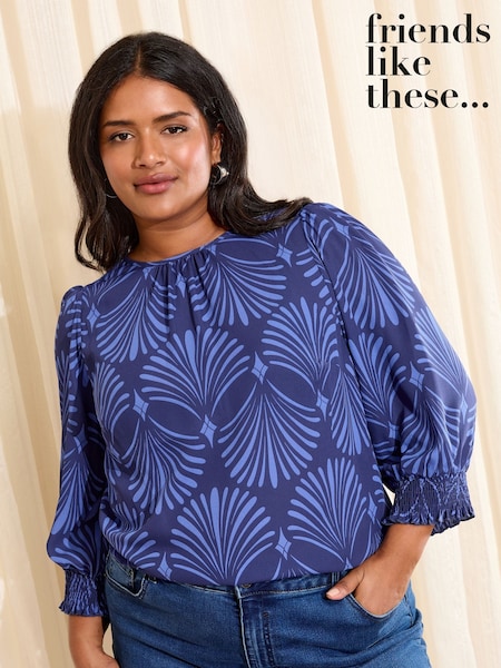 Friends Like These Blue Fan Print Curve 3/4 Sleeve Shirred Cuff Blouse (W75858) | €42