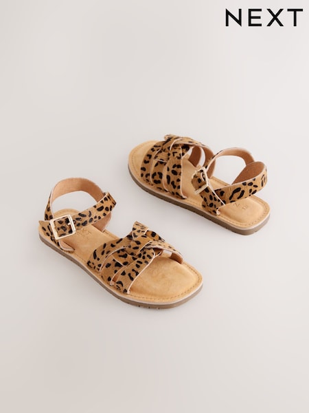 Brown Leopard Print Standard Fit (F) Leather Woven Sandals (W75887) | AED117 - AED152