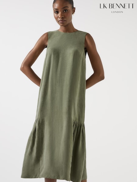 LK Bennett Green Alma Watercress Cupro Sleeveless Hem Gather Dress (W75909) | R$ 1.965