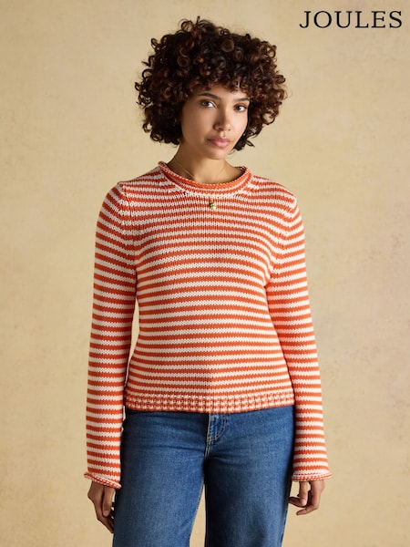Oransje og hvit - Joules Striped Cotton Knitted Crew Neck Jumper (W75960) | kr974