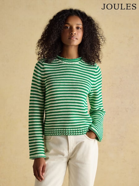 Joules Green & White Striped Cotton Knitted Crew Neck Jumper (W75961) | AED361