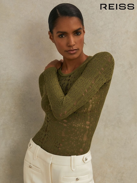 Reiss Green Frances Atelier Lace-Knit Long-Sleeve Bodysuit (W75979) | €206