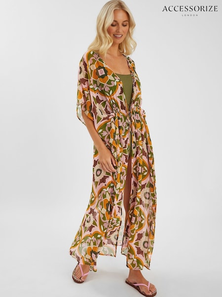 Accessorize Pink Retro Floral Print Chiffon Maxi Kaftan (W76061) | R$ 395