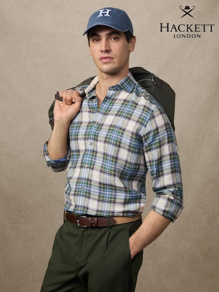 Hackett Classic Fit Green 100% Linen Madras Shirt (W76215) | €179