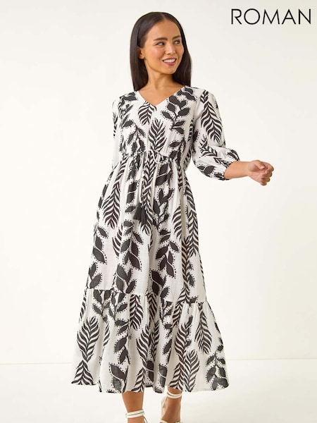 Roman Black Petite Abstract Leaf Midi Dress (W76234) | R$ 665