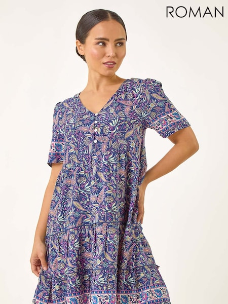Roman Blue Petite Floral Print Paisley Tiered Dress (W76239) | R$ 545