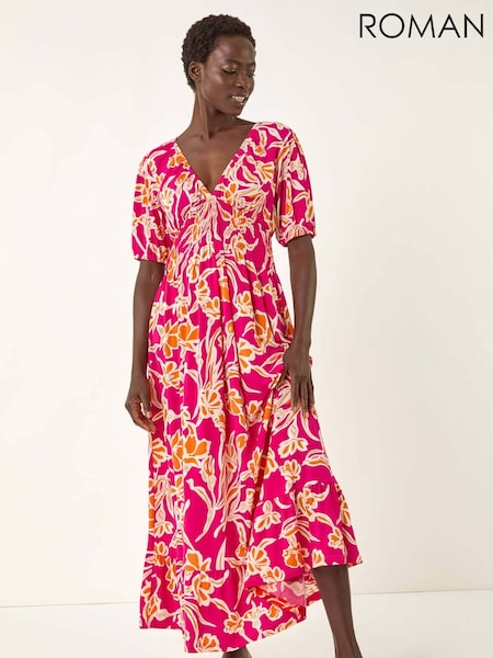 Roman Pink Floral Print V-Neck Shirred Midi Dress (W76251) | €60