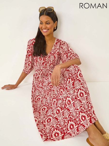 Roman Abstract Print V-Neck Midi Dress (W76255) | R$ 545