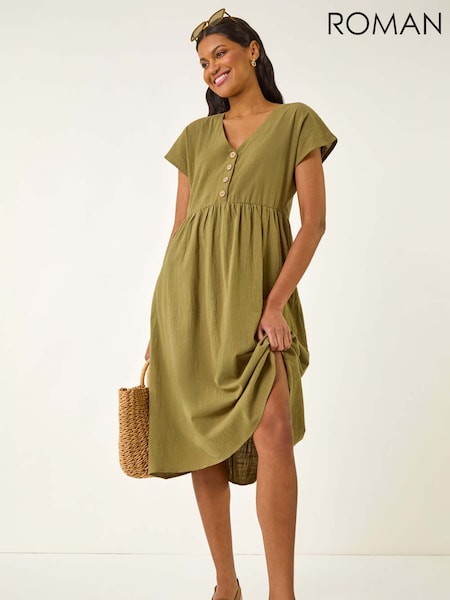 Verde - Roman Linen Look Button Midi Dress (W76263) | R$ 545