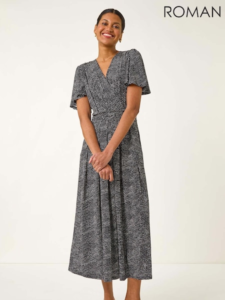 Roman Black Spot V-Neck Midi Wrap Dress (W76264) | €63