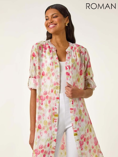 Roman Pink Floral Print Longline Blouse (W76265) | €53
