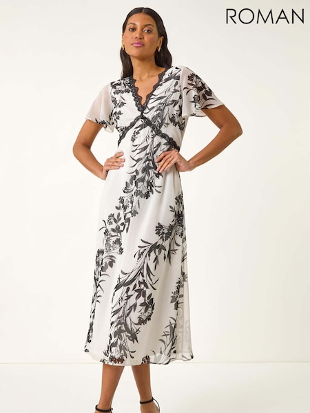 Roman White Lace Trim V-Neck Chiffon Midi Dress (W76266) | €86