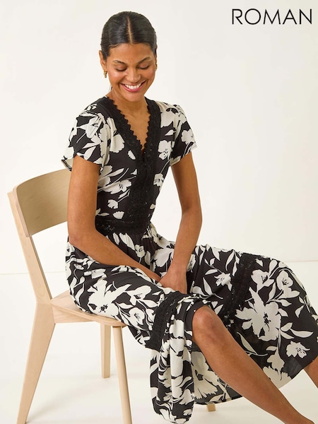 Roman Black Floral Print Lace Trim Midi Dress (W76272) | R$ 665