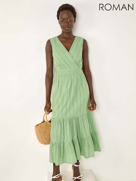 Roman Embroidered V-Neck Midi Dress (W76275) | R$ 665