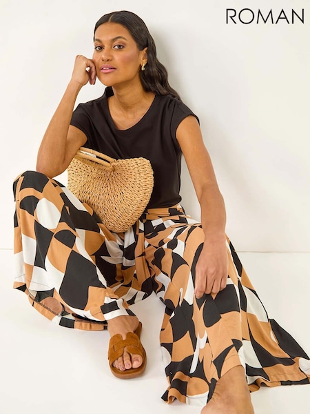 Roman Black Geometric Print Tie Waist Stretch Trousers (W76280) | R$ 510