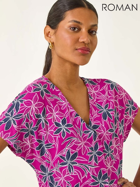 Roman Floral Print Pleat Front Stretch Blouse (W76281) | R$ 435