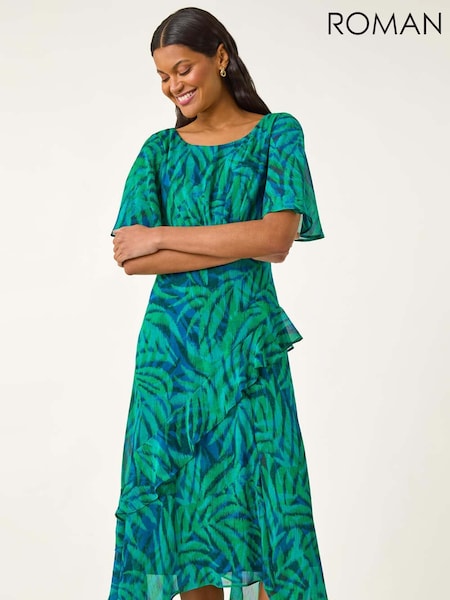 Roman Blue Leaf Print Chiffon Frill Midi Dress (W76284) | R$ 845