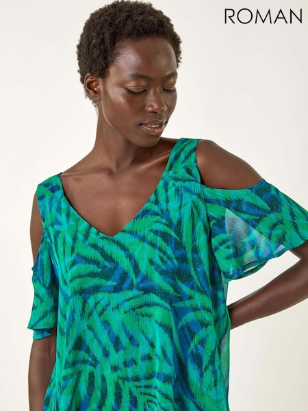 Roman Blue Leaf Print Cold Shoulder Blouse (W76285) | AED306