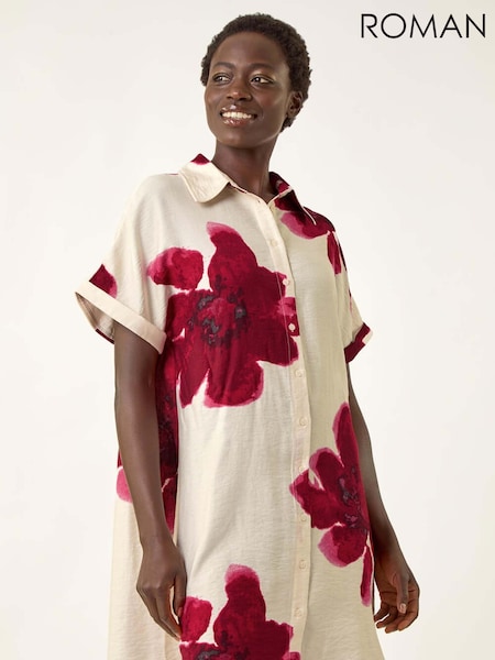 Roman White Floral Print Shift Shirt Dress (W76286) | R$ 580