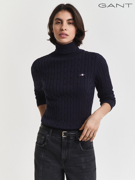 GANT Blue Stretch Cotton Cable Knit Turtleneck Jumper (W76436) | €179