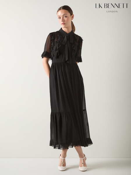 LK Bennett Black Corissa Viscose Frill Detail Chiffon Shirt Dress (W76494) | € 544