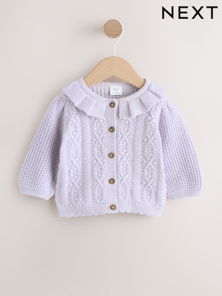 Lilac Purple Frill Collar Knitted Baby Cardigan (0mths-2yrs) (W76594) | AED76 - AED86