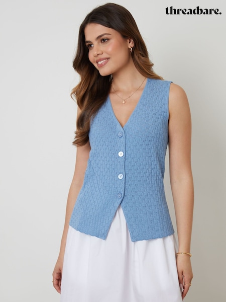 Albastru - Threadbare Pointelle Knit Button Up Waistcoat Vest (W76664) | 179 LEI