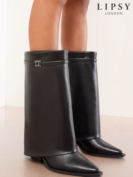 Lipsy Black Faux Leather Mid Block Heel Calf Smart Gator Boots (W76755) | €105.50