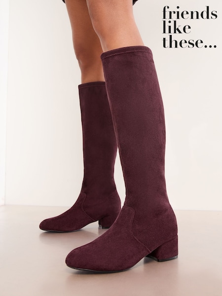 Friends Like These Burgundy Red Standard fit Low Block Heel Faux Suede Knee High Sock Boots (W76764) | R$ 485