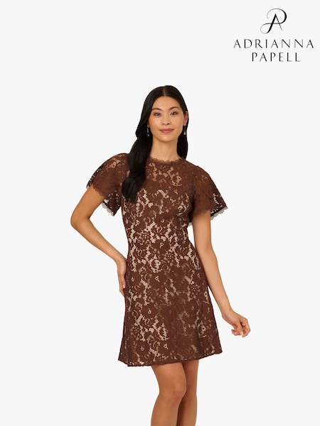 Adrianna Papell Lace Flounce Short Brown Dress (W76780) | 1,110 LEI