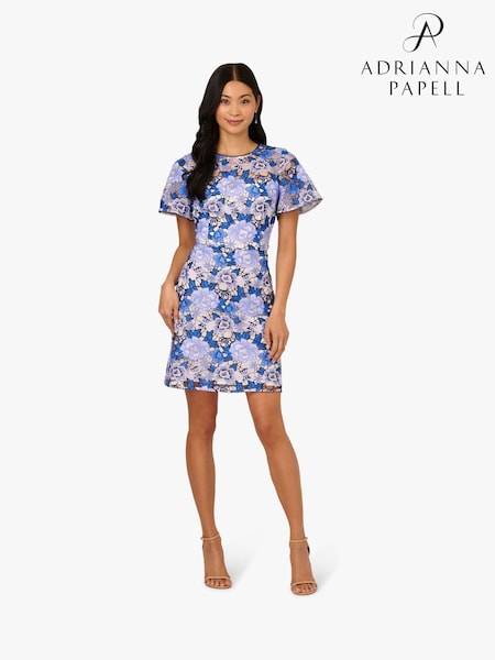 Adrianna Papell Blue Floral Print Embroidery Short Dress (W76783) | € 279