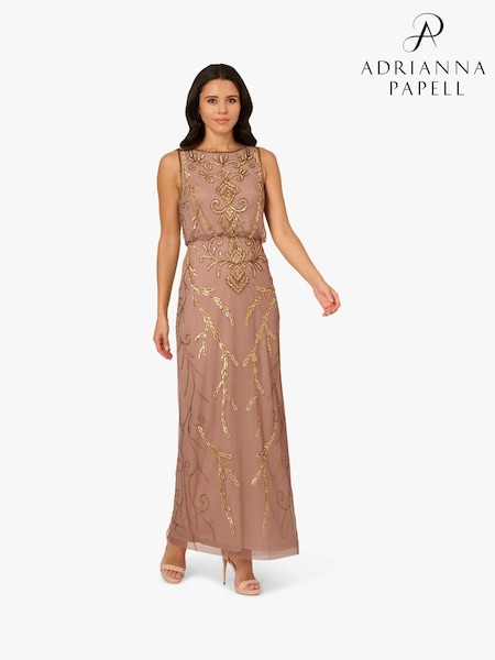 Adrianna Papell Studio Bead Blouson Long Brown Dress (W76786) | 1,259 LEI