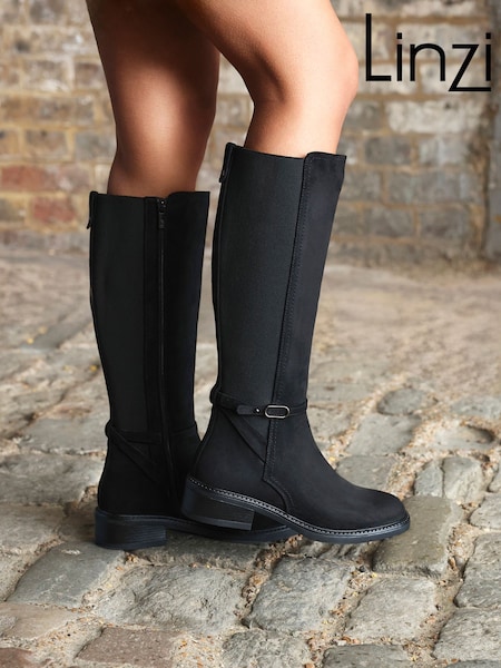 Linzi Black Dark Power High Leg Boots With Stretch Side Panel and Buckle Detail (W77006) | €77