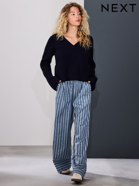 أزرق مقلم - Crinkle Wide Leg Pull On Trousers (W77309) | ‏143 د.إ.‏