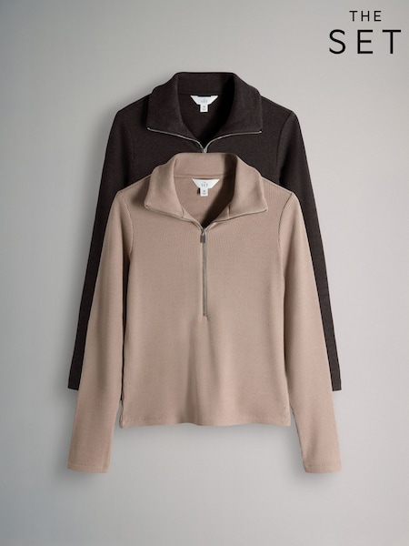 The Set 2 Pack Soft Rib Funnel Neck Quater Zip Long Sleeve Jumper Chocolate Brown/Oat Marl (W77325) | €48
