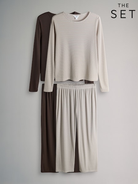 Chocolate Brown/Stripe - The Set 2 Pack Soft Touch Ribbed Long Sleeve Leg Pyjamas (W77355) | 223 LEI