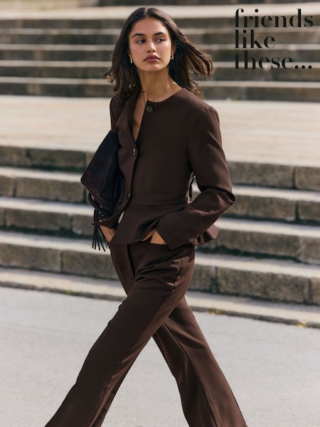 Friends Like These Chocolate Brown Peplum Collarless Jacket (W77582) | $108