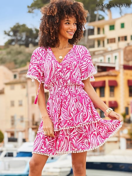 Rosa - Sosandar Paisley Print Pom Pom Trim Crinkle Dress (W77709) | R$ 545