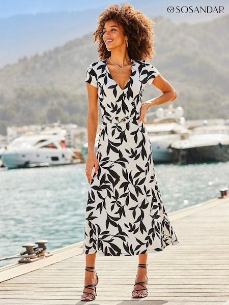 Sosandar White Floral Print Belted Wrap Front Dress (W77732) | €95